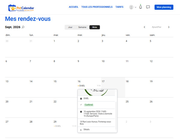 Planning de pet-sitter organisé avec Pet Calendar
