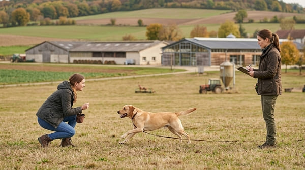 Stagiaire en formation pour devenir éducateur canin, encadré par un formateur