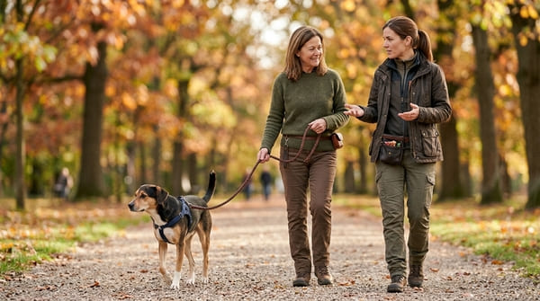 Éducatrice canine qui guide une propriétaire pendant un exercice de marche en laisse