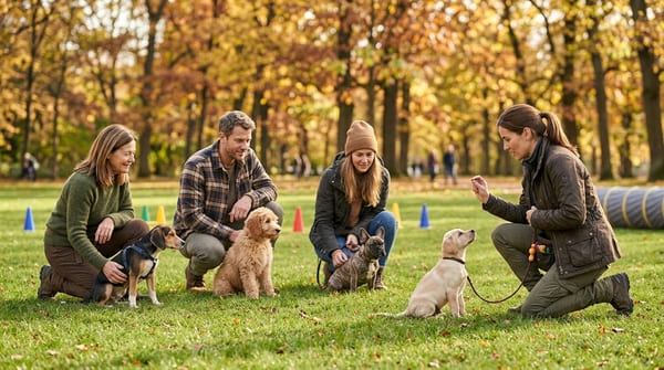 Cours collectif pour chiots animé par un éducateur canin en extérieur
